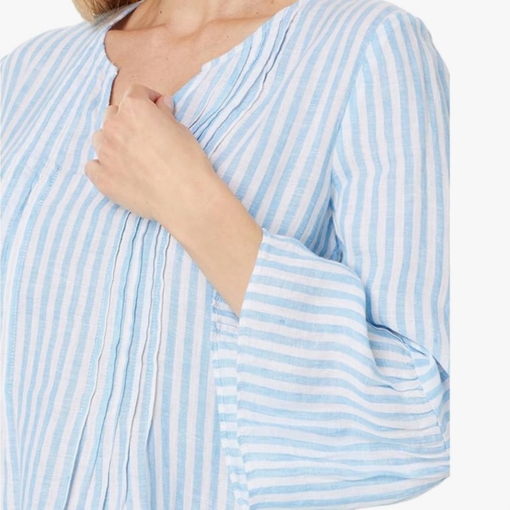 Lilly Pulitzer Blue White Striped Linen‎ Tunic Blouse Bell Sleeve XL Pintuck